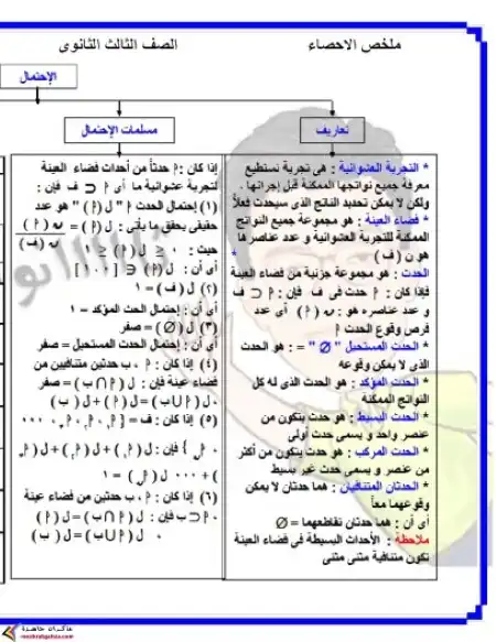 ملخص الاحصاء تالتة ثانوي في 5 ورقات PDF ثانويه سهل PDF