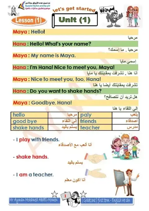 ملخص اللغة الانجليزية للصف الاول الابتدائي الترم الاول PDF PDF