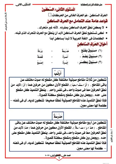مذكرة تعلم القراءة والكتابة بنظام المقاطع الصوتية PDF المستوى الثاني PDF