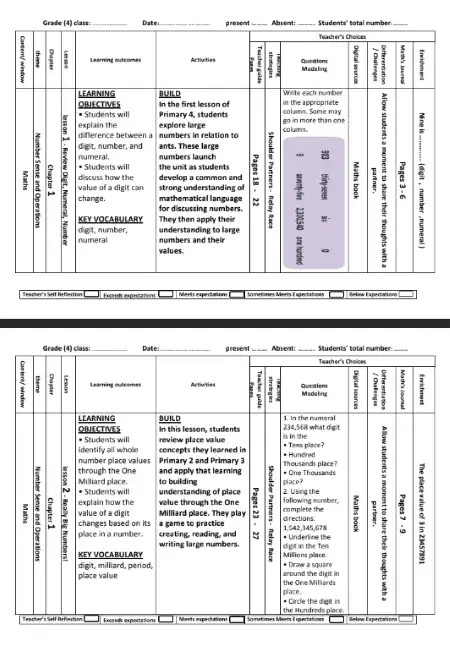 دفتر تحضير Math للصف الرابع الابتدائي الترم الاول PDF PDF