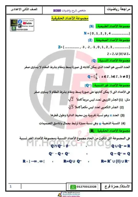 تحميل ملخص رياضيات الصف الثاني الاعدادي الترم الاول 2026 PDF PDF
