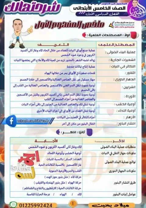 ملخص العلوم للصف الخامس الابتدائي pdf الترم الاول 2026 PDF