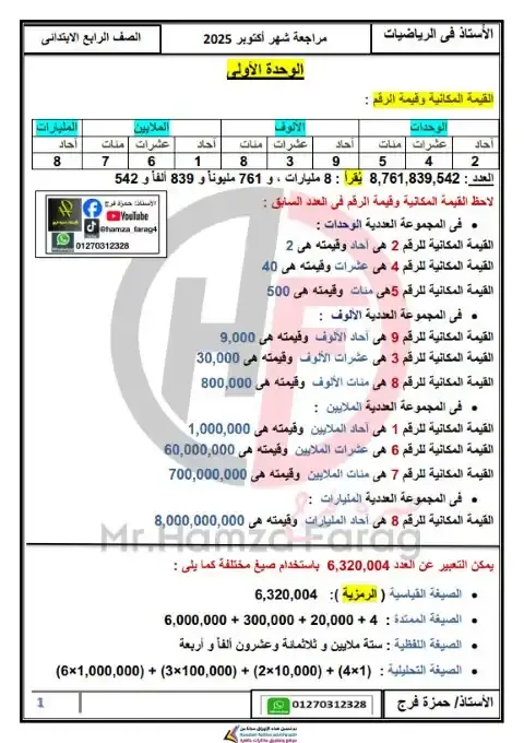 مراجعة رياضيات شهر أكتوبر للصف الرابع الابتدائي بالاجابات 2026 PDF PDF