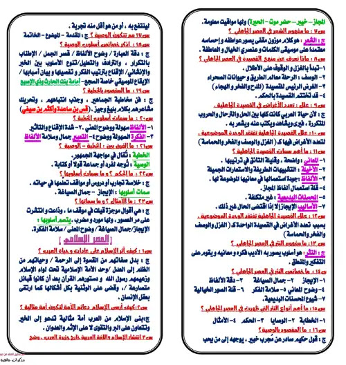 ملخص الادب لغة عربية في ورقتين سؤال وجواب اولى ثانوي ترم اول - اعداد مستر سامح الشامي PDF
