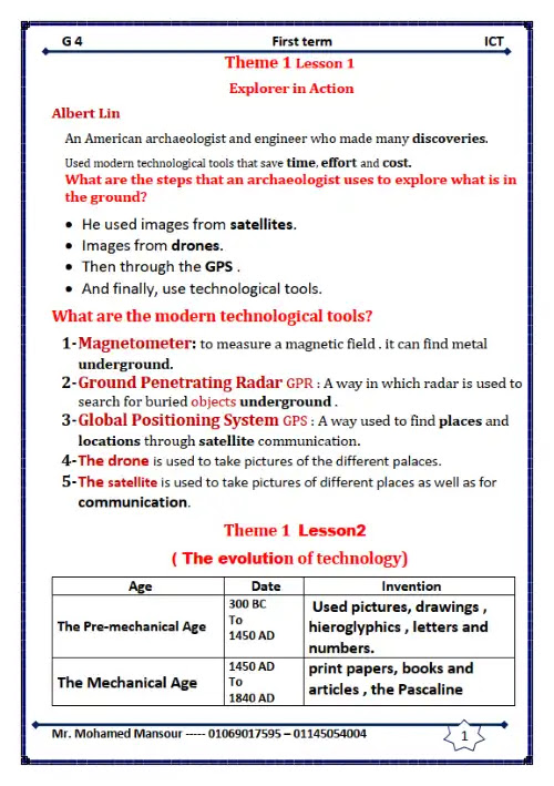 ملخص تكنولوجيا المعلومات للصف الرابع الابتدائي الترم الاول 2023 PDF