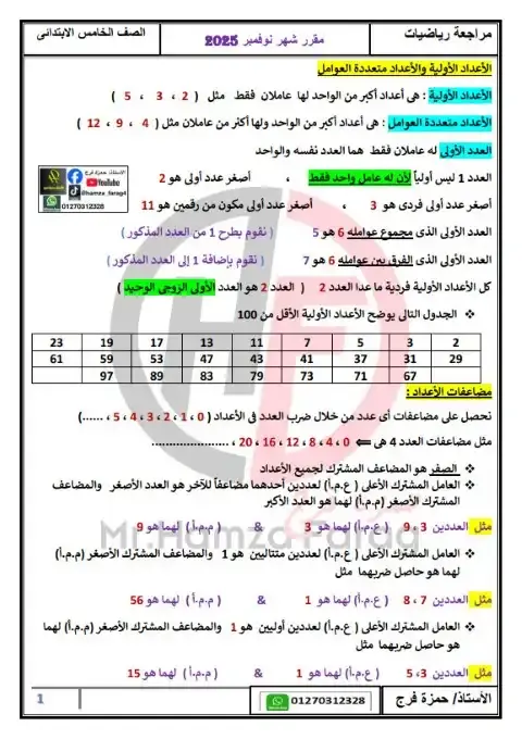 مراجعة رياضيات شهر نوفمبر للصف الخامس الابتدائي بالاجابات 2026 PDF PDF