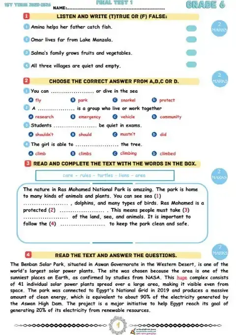 امتحانات لغة انجليزية للصف السادس الابتدائي الترم الاول 2026 PDF PDF