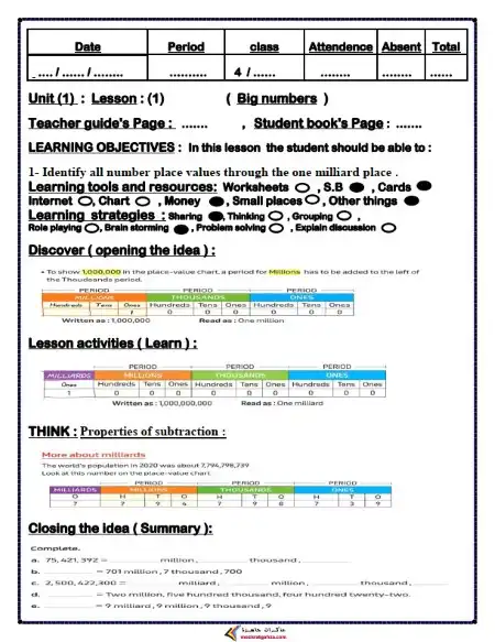دفتر تحضير Math للصف الرابع الابتدائي ترم اول PDF PDF
