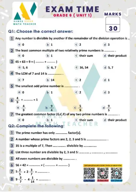 امتحان الوحدة الاولى MATH للصف السادس الابتدائى ترم اول 2025 PDF بالاجابات PDF