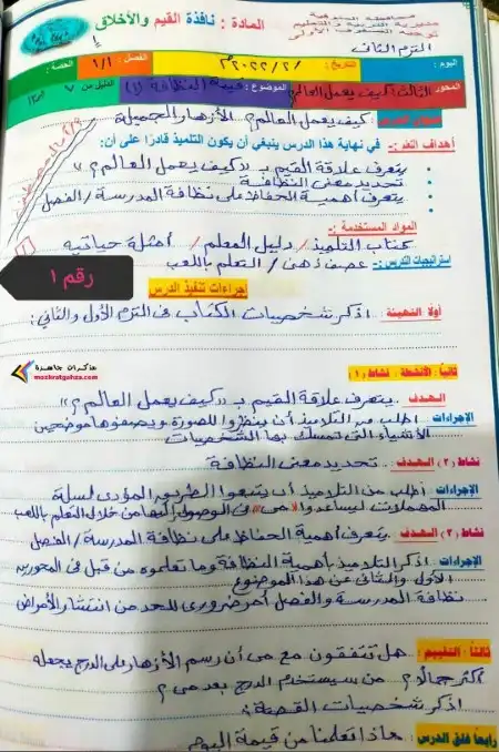 دفتر تحضير القيم للصف الاول الابتدائي الترم الاول PDF PDF