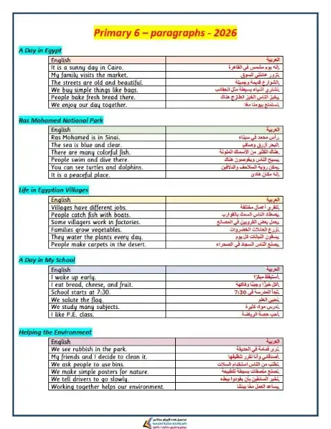 أهم براجرافات الصف السادس الابتدائي الترم الاول مترجمة 2026 PDF PDF
