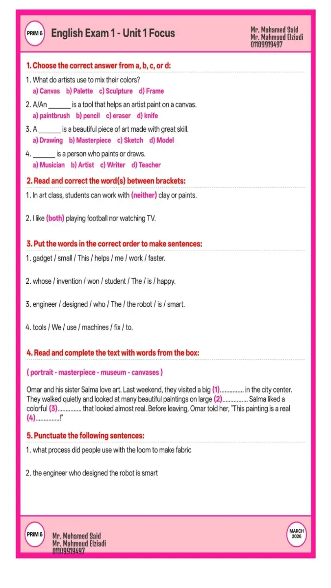 اختبارات شهر مارس 2026 انجليزي بالاجابات للصف السادس الابتدائي PDF PDF