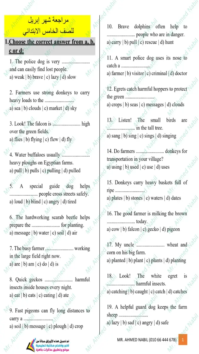 بالاجابات مراجعة اللغة الانجليزية لشهر ابريل الصف الخامس الابتدائي 2026 PDF PDF