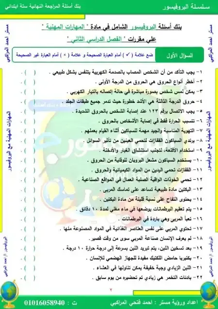 مراجعة مهارات مهنية للصف السادس الابتدائي الترم الثاني PDF سؤال وجواب PDF