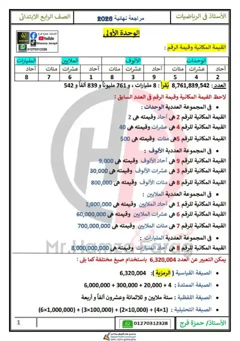 تحميل ملخص ومراجعة رياضيات للصف الرابع الابتدائي الترم الاول 2026 PDF PDF