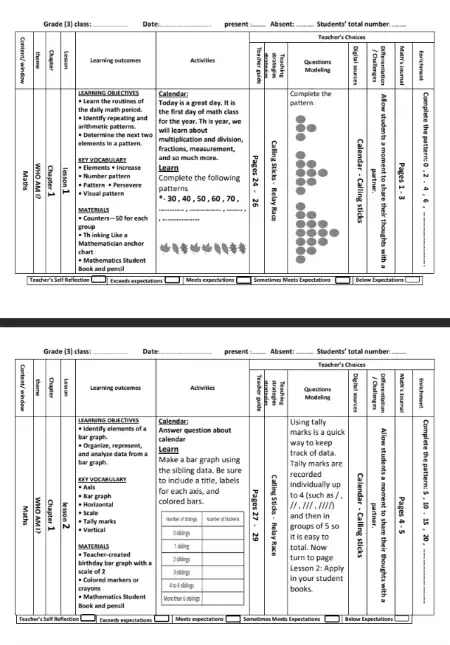 دفتر تحضير دروس Math للصف الثالث الابتدائي الترم الاول PDF PDF