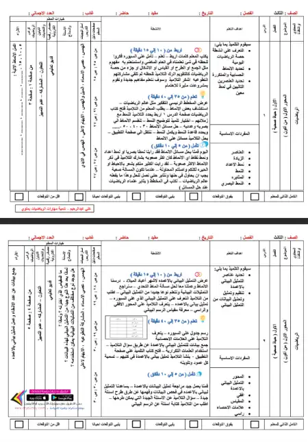 دفتر تحضير رياضيات الصف الثالث الابتدائي PDF 2025 / 2024 ترم اول PDF