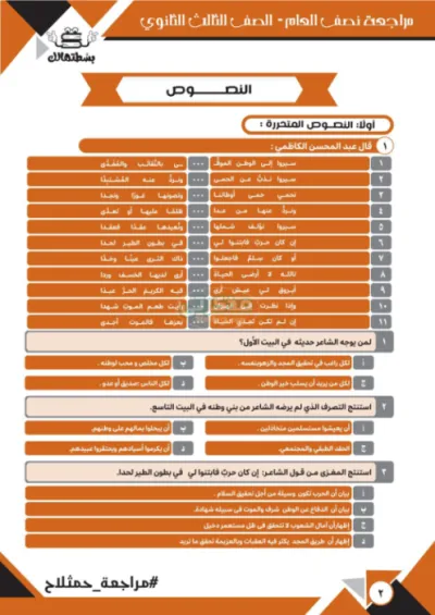 مراجعة ليلة الامتحان في النصوص والبلاغةواهم النقاط الاساسية الصف الثالث الثانوي PDF