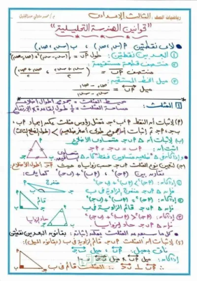 ملخص جميع قوانين الهندسة للصف الثالث الاعدادي الترم الاول PDF