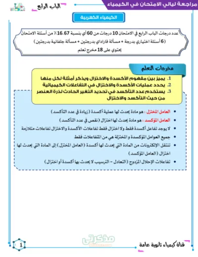 شرح النقاط المهمة والملاحظات في الباب الرابع كيمياء+تدريبات شاملة للثانوية العامة PDF