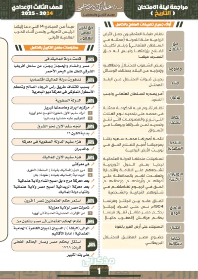 زتونة ليلة الإمتحان وملخص كامل لمادة التاريخ  منهج الصف الثالث الإعدادي PDF