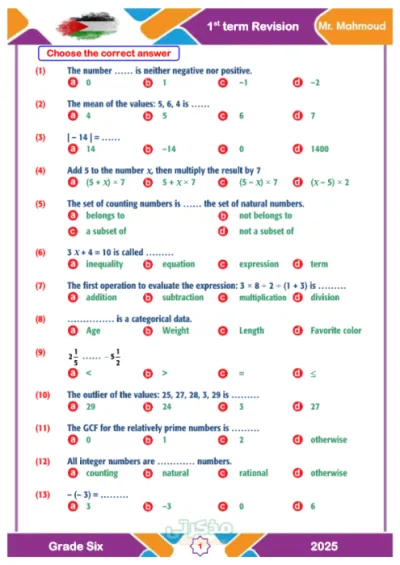 مراجعه نهائية للرياضيات للصف السادس الابتدائي الترم الاول PDF