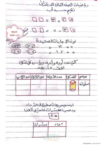 تقييم مبدئي لماده الرياضيات للصف الثاني الابتدائي الترم الاول PDF