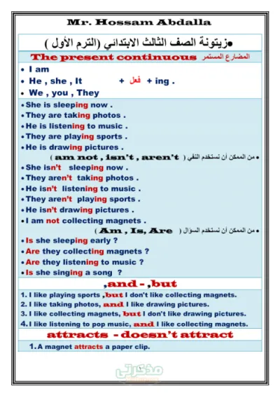 أقوى تجميعة لكل نقاط المنهج سواء قواعد أو كلمات أو تدريبات متنوعة في الانجليزي للصف الثالث الابتدائي الترم الاول PDF