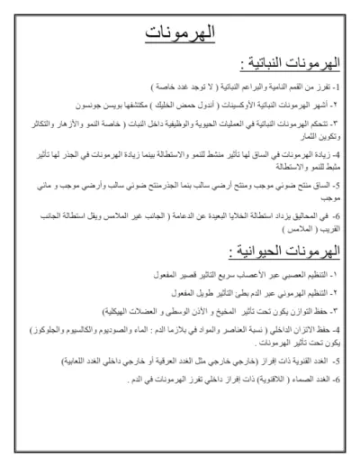 تلخيص اهم نقاط فصل الهرمونات للصف الثالث الثانوي الترم الاول الوحده الاولى PDF