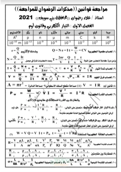 مراجعة جميع قوانين الفيزياء سلسلة الرضوان مع مستر علاء رضوان  ثالثة ثانوي PDF