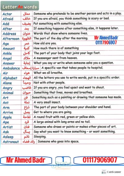 قاموس لأهم كلمات اللغه الانجليزيه للصفوف الابتدائيه PDF
