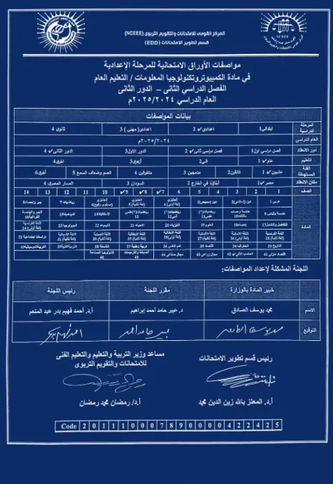 مواصفات الورقة الامتحانية في الكمبيوتر لجميع صفوف المرحلة الإعدادية ترم ثاني 2024 PDF