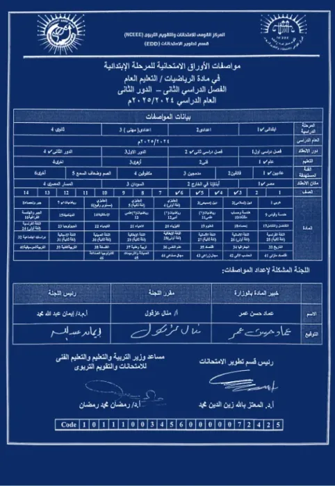 مواصفات الورقة الامتحانية في الرياضيات للمرحلة الابتدائية ترم ثاني 2025 جميع المواد PDF