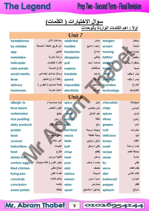 اهم كلمات مادة اللغة الإنجليزية للصف الثاني الإعدادي الترم الثاني PDF