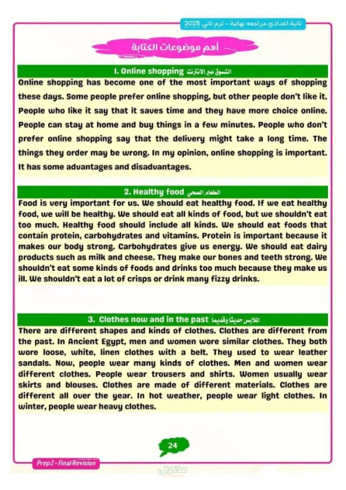 المراجعة النهائية لأهم مواضيع الكتابة في اللغة الإنجليزية للصف الثاني الإعدادي الترم الثاني PDF