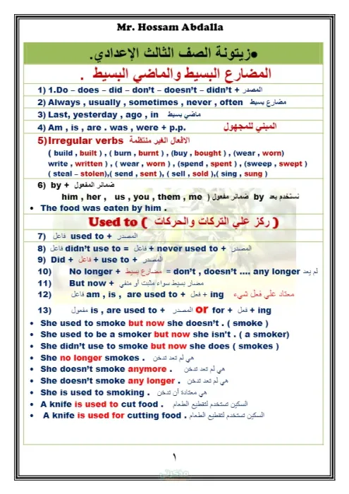 ملخص الجرامر في اللغة الانجليزية الصف الثالث الاعدادي PDF