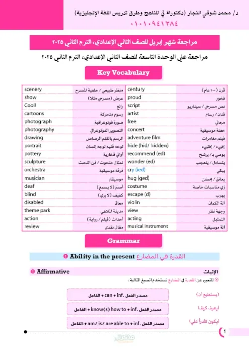 مراجعة إمتحان شهر أبريل في اللغة الانجليزية للصف الثاني الإعدادي PDF