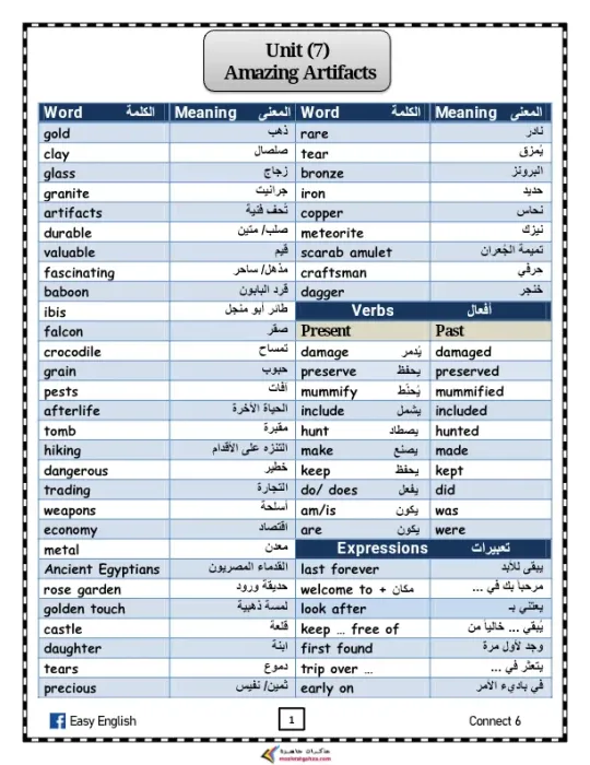 جميع كلمات منهج اللغة الإنجليزية في 6 ورقات للصف السادس الابتدائي الترم الثاني PDF
