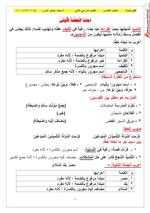قطع نحوية مجابة في العربي مستر محمد عوض لخامسة ابتدائي الترم الثاني PDF