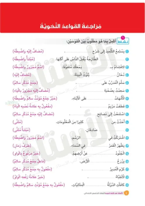 أهم التدريبات الشاملة على القواعد النحوية في العربي لخامسة ابتدائي الترم الثاني PDF