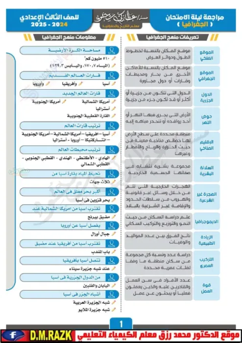 أقوى مراجعة نهائية في شكل سؤال وجواب على جزء الجغرافيا بالكامل في الدراسات للشهادة الإعدادية ترم 2 PDF